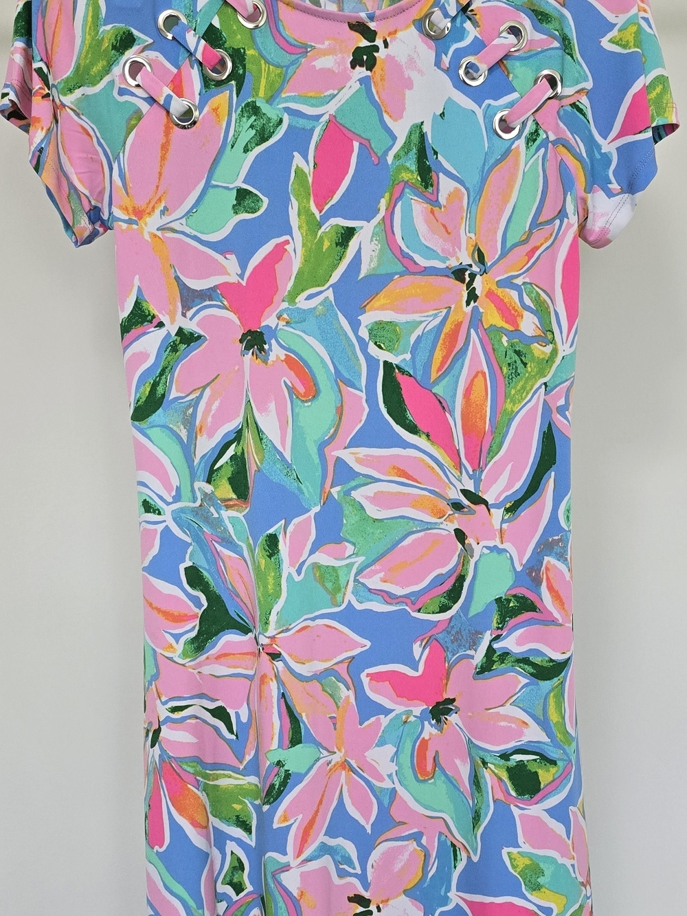 Chaus Floral Lace-Up Short Sleeve Tee Dress in Pink, Blue & Green